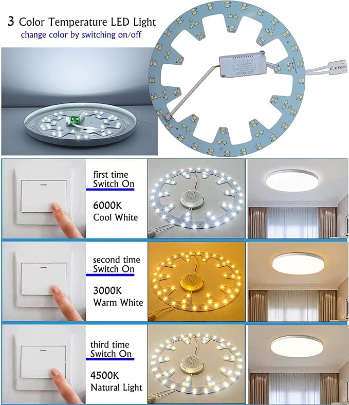 24W 3 Color Temperature LED Flush Mount Ceiling Fan Light Kit Replacement LED Light Board Panel,Retrofit LED Light Engine