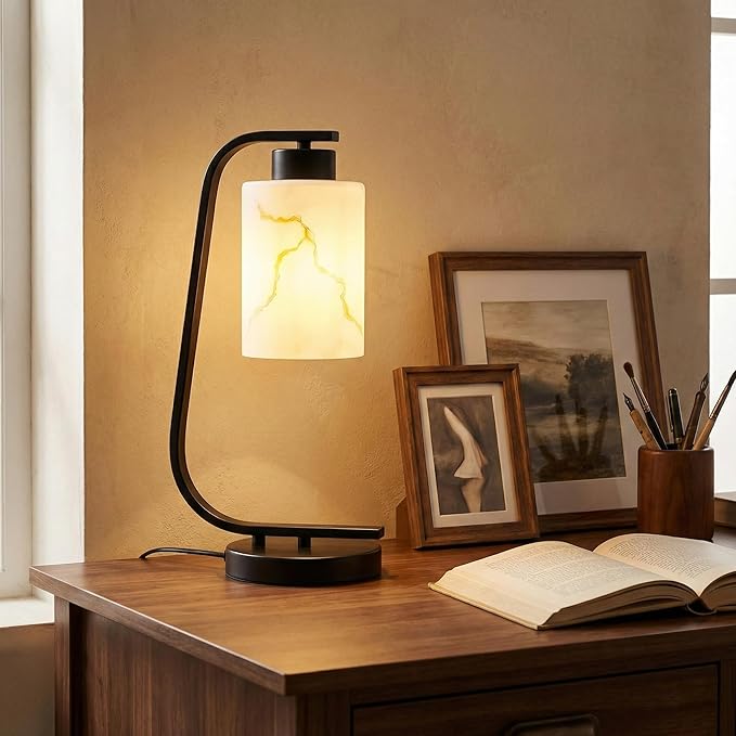 Modern Industrial Table Lamp, Marble Pattern Glass Shade Desk Lamp with C-Shaped Black Metal Base, Bedside Nightstand Lamp for Bedroom, Living Room, Office, E26 Base