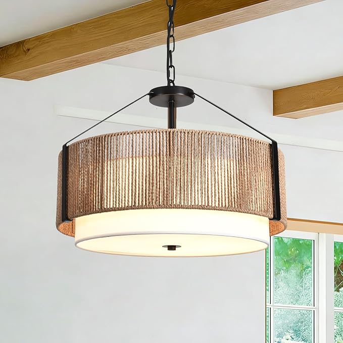 19.7" 4-Light Boho Pendant Light Fixture Rattan Chandelier, Hand Woven Farmhouse Chandelier for Dining Room Pendant Light for Kitchen Island, Bedroom, Dining & Living Room