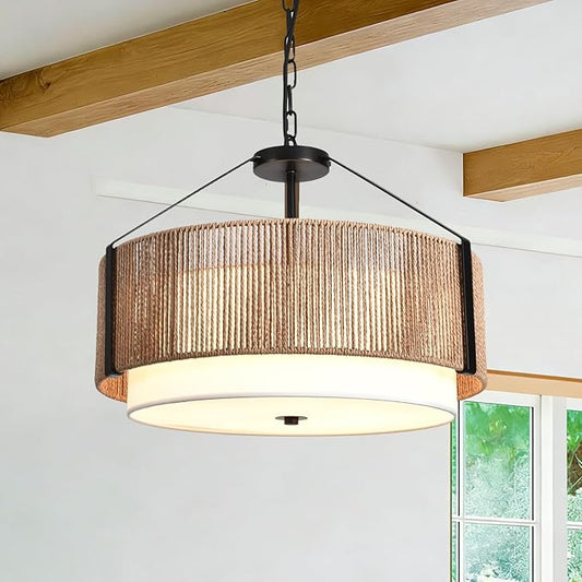 19.7" 4-Light Boho Pendant Light Fixture Rattan Chandelier, Hand Woven Farmhouse Chandelier for Dining Room Pendant Light for Kitchen Island, Bedroom, Dining & Living Room