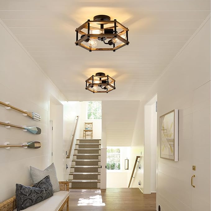 Dijiahua 3-Light Rustic Farmhouse Wood Flush Mount Ceiling Light Fixture, Black Semi Flush Mount Ceiling Lighting with Oak Wooden and Hexagonal Cage for Hallway Entryway Bedroom Kitchen