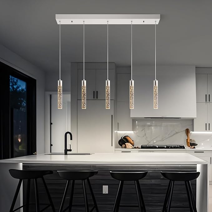 Modern Pendant Lights Kitchen Island,Brushed Nickel Crystal Chandelier Lights, Switch 3000-4000-6000K Dimmable Kitchen Pendant Lighting for Kitchen Island, Dining Room, Bar Counter