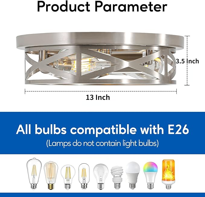 13 Inch Brushed Nickle Flush Mount Ceiling Light Fixture, 2-Pack Metal Cage Close to Ceiling Lights, Modern E26 Base Indoor Kitchen Ceiling Lights for House Hallway Bedroom Living Room Hallway
