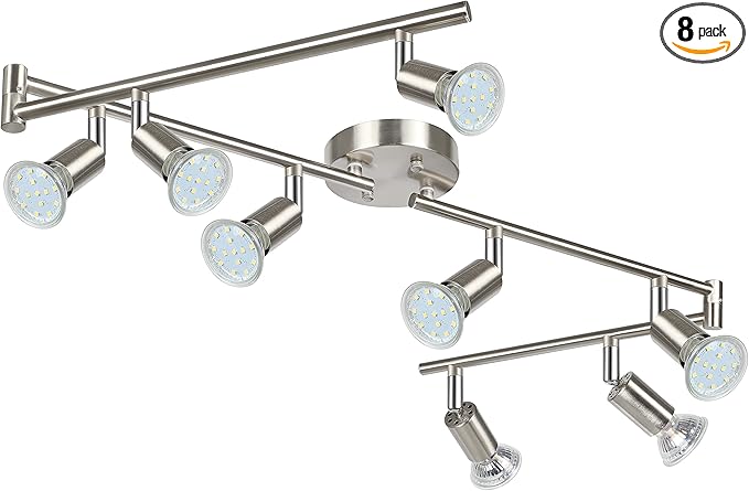 Unicozin LED Track Lighting Kit, 54.13'' Matt Nickel 8 Way Ceiling Spot Lighting, Flexibly Rotatable Light Head, Modern Track Light Included 8 x LED GU10 Bulb (4W, Daylight White, 400LM)