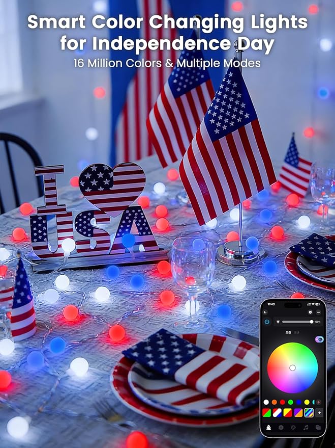 46ft Smart Color Changing Red White and Blue String Lights Outdoor Indoor | 100LED 4th of July Decorations App Control with Remote, Globe Patriotic American Flag Lights for Independence Memorial Day