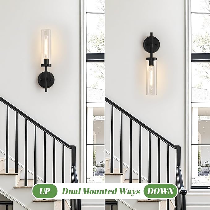 MOKATNG Wall Sconces Set of Two, Matte Black Bathroom Sconces with Clear Glass, Hardwired Sconces Wall Decor Set of 2, Modern Wall Light Fixtures for Bathroom Mirror Living Room Bedroom Hallway