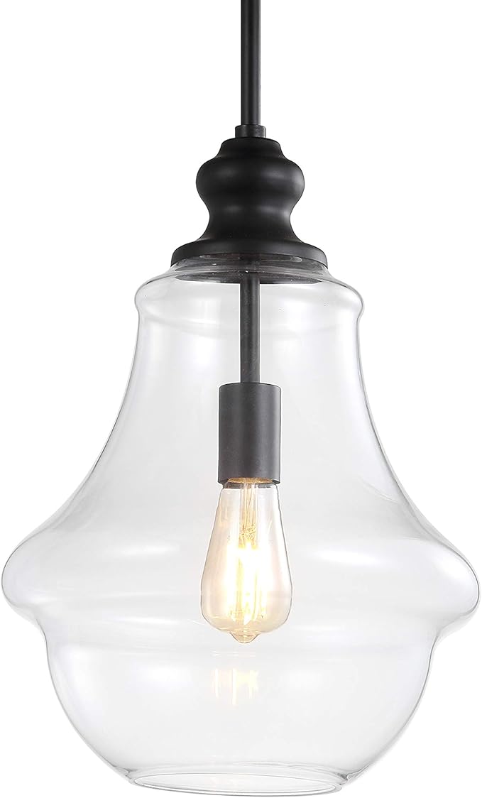 JONATHAN Y 12" Oil Rubbed Bronze 1-Light Iron and Glass Pendant Light, Adjustable Height Schoolhouse for Kitchen Island Foyer, Farmhouse Rustic Style, LED Bulb Included JYL9046B
