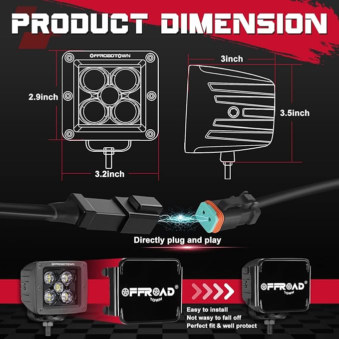 OFFROADTOWN LED Cubes 3" 100W CREE LED Pods with Wiring Harness and Black Cover Spot Off Road Driving Lights Ditch Light Fog Light for Trucks Pickup Motorcycle UTV ATV SUV Boat
