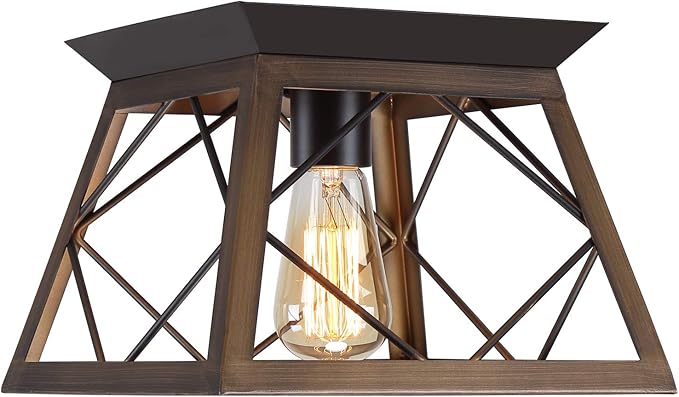 Q&S Flush Mount Ceiling Light Fixture,Farmhouse Vintage Lights,Industrial Metal Lamp for Hallway, Entryway, Bathroom ORB+Brush Brown,1 Light E26