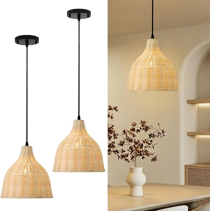 TERLEENART Hard Wired Rattan Pendant Lights Set of 2,Boho Wicker Chandelier with 9.84” Dome Shade, Basket Hand Woven Hanging Lamp for Coastal Kitchen Island Dining Room Living Room Bar Foyer Hallway