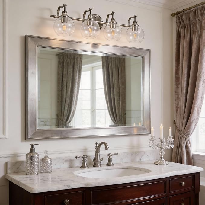 ANDY STAR Brushed Nickel Vanity Lights for Bathroom, 4 Light Vanity Light Brushed Nickel, Farmhouse Vanity Lighting Fixtures, 30.5 Inch Modern Silver Wall Sconce, E26 Base Bulbs Required, UL Certified