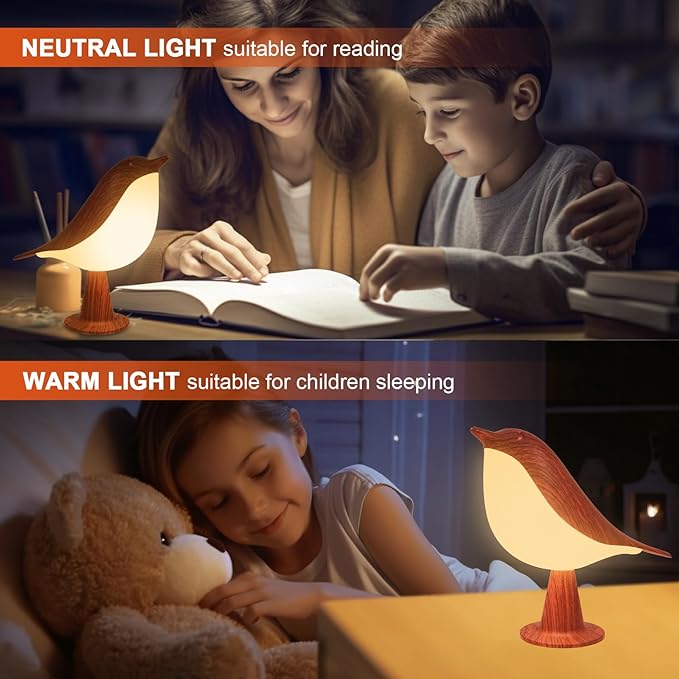 Deogos Small Desk Lamp, Bird Bedside Light with 3 Color Temperature and Touch Sensor, Cordless Kids Night Light, Rechargeable Battery for Bedroom Nightstand Table - Red