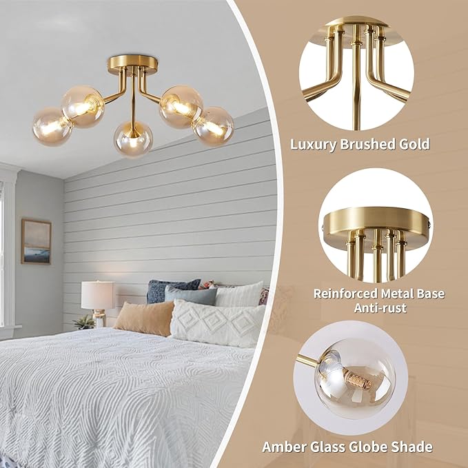 Modern Sputnik Chandeliers 5 Light Gold Semi Flush Mount Ceiling Light Fixture Pendant Lamps Bulb with Glass Globe Lighting for Bedroom Kitchen Living Dining Room Office