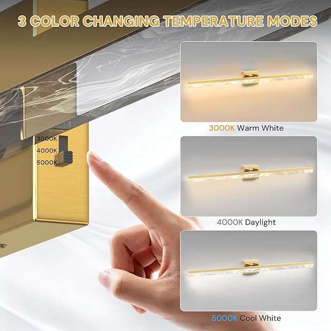 L LOHAS LED 48-Inch Bathroom Vanity Light Bar Over Mirror, Gold Modern Bathroom Light Fixtures with Marble Acrylic Shade, 3CCT Adjustable LED Vanity Lights for Living Room Wall