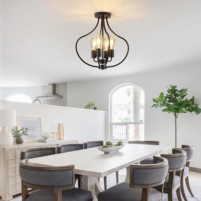 4-Light Farmhouse Semi Flush Mount Ceiling Light,Modern Rustic Metal Industrial Ceiling Light Fixture,Black Chandelier for Kitchen Island Dining Room Bedroom Living Room Foyer Hallway Entryway