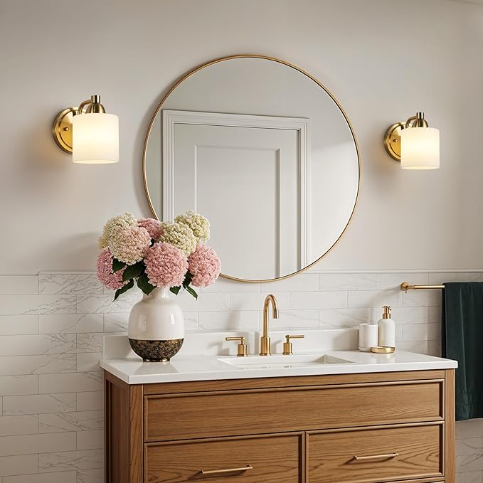 Mecgirn Gold Milk Glass Wall Sconces, 1 Pack Hardwired Indoor Wall Light Fixtures for Living Room, Hallway, Bedroom, Ceramic E26 Sockets (Bulbs Not Included)