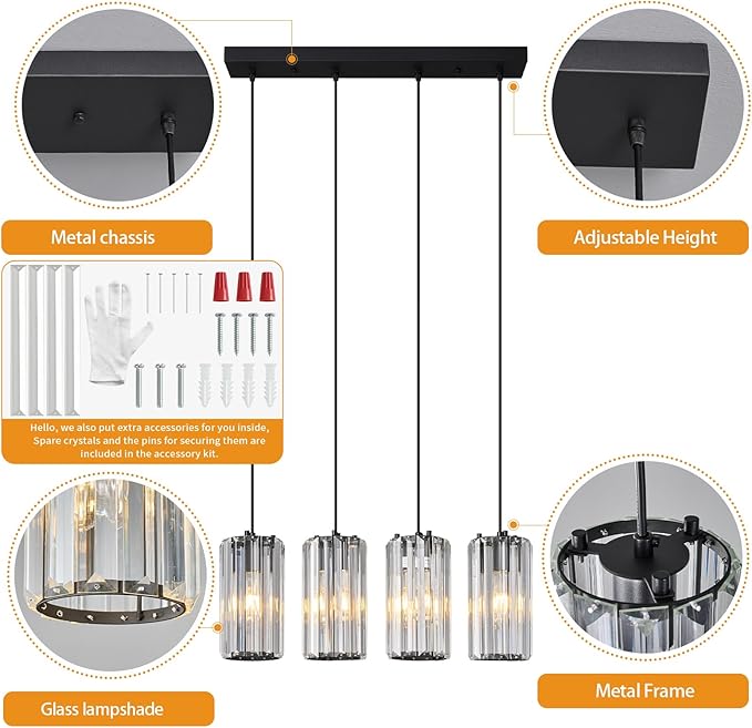 Black Pendant Lighting Modern Pendant Light, Mini Crystal Chandeliers,Adjustable Pendant Light Fixture for Kitchen Island Dinning Room Corridor Bedroom(Gold 4-Light)