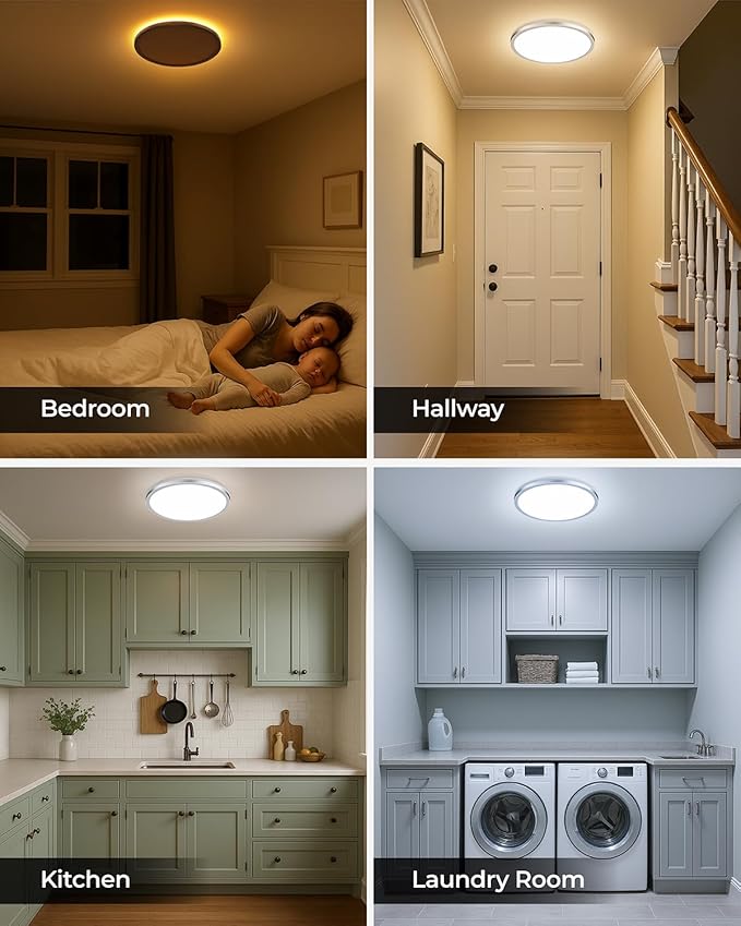 Matane 12 Inch LED Flush Mount Ceiling Light Fixture with Night Light, 24W 2400LM 3000K/4000K/5000K Selectable, Dimmable Ceiling Lights for Bedroom, Dining Room, Kitchen, Round Silver