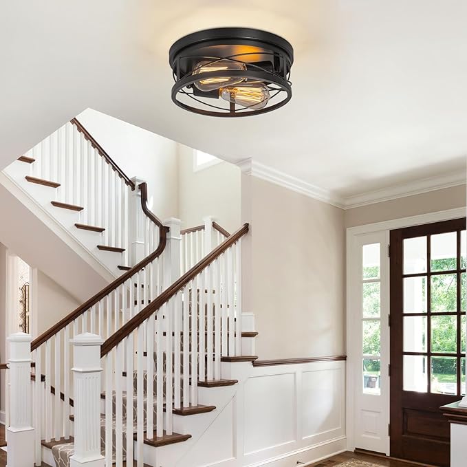 Farmhouse Ceiling Light Fixture Black Flush Mount Ceiling Light 2-Light Industrial Metal Cage Ceiling Lights for Hallway, Foyer, Kitchen, Dining Room Bedroom Living Room Laundry