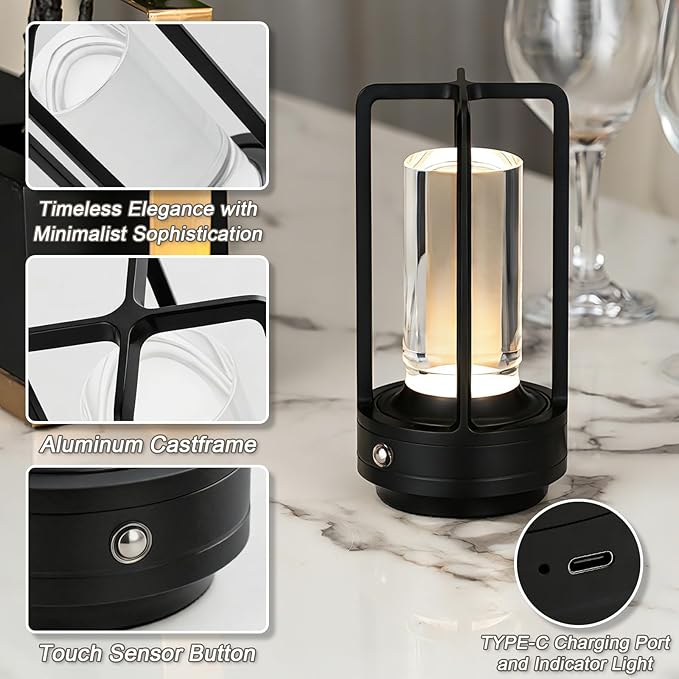 Rechargeable Table Lamp Cordless, 3 Color | Crystal | Stepless Dimming, for Dining Room, Living Room, Bar, Cafe, Restaurant, Patio, Camping, Pack of 2 (Black)