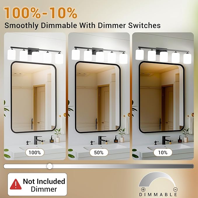 Quntis Black Bathroom Light Fixtures Over Mirror 5 Colors Adjustable, 5-Light LED Bathroom Vanity Lighting with Milky White Frosted Glass Shade, Energy-Saving LED Vanity Light 35.8 inch