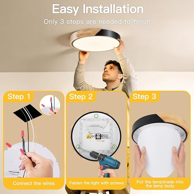 Modern Flush Mount Ceiling Light, Wood Ceiling Light Fixture, Warm White 3000K Not Dimmable, Minimalist Ceiling Lamp with Acrylic Lampshade for Bedroom, Living Room, Hallway(Black, 11.8")