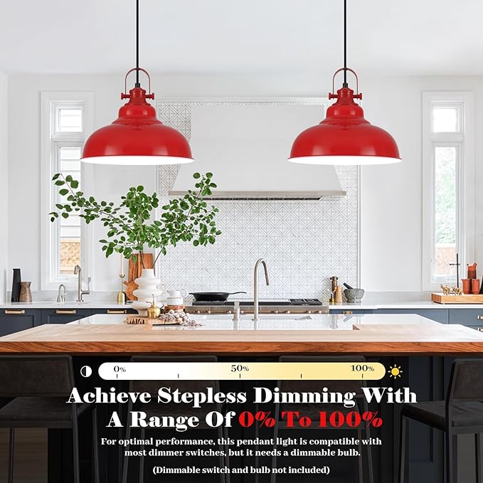 Red Pendant Lights Kitchen Island, 2 Pack Kitchen Island Lighting, Farmhouse Pendant Light Fixtures (11.41" W), Island Pendant Light for Kitchen, Restaurants, Cafes