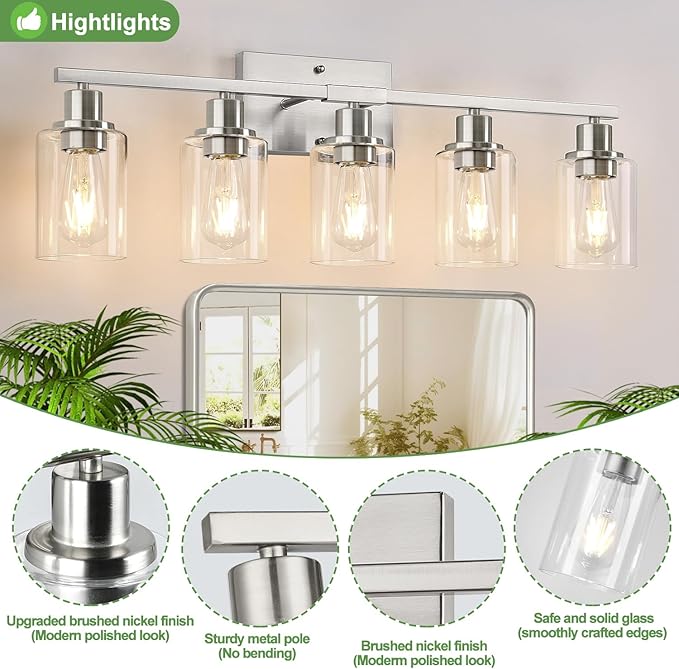 Indoi 5-Light Bathroom Light Fixtures, Brushed Nickel Bathroom Vanity Light with Clear Glass Shades, Modern Bathroom Wall Lamp for Mirror Living Room Cabinet Bedroom Porch