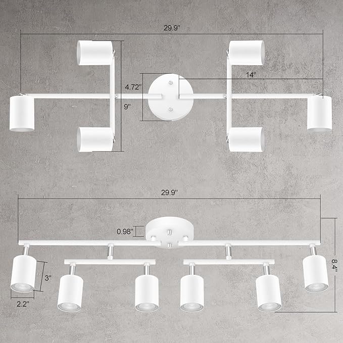 Track Lighting Fixture Ceiling, 30" Modern LED Track Lighting Kit, White 6 Light Ceiling Light for Kitchen, Rotatable Spotlight Heads, Flexible Wall Mount Spot Lighting for Island/Bedroom(NO Bulb)