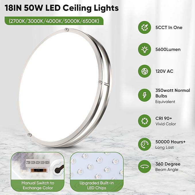 TOBUSA 18inch LED Flush Mount Ceiling Light, 50W 5600lm Bright Dimmable LED Ceiling Light Fixture, 2700K-6500K Adjusted, Modern Kitchen Light Fixture Ceiling for Living Room Bedroom, Brushed Nickle