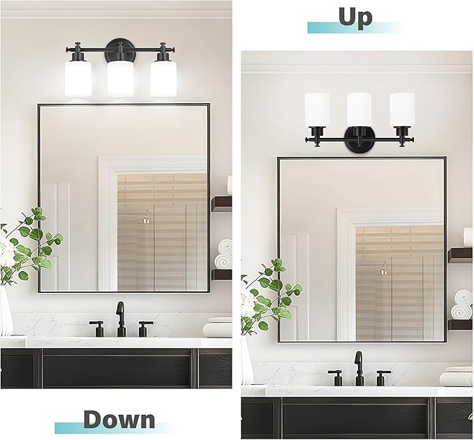 3-Light Black Bathroom Light Fixtures, Modern Vanity Lights Over Mirror, Bathroom Wall Sconces with White Glass Shade, E26 Socket, 15.75" Compact Vanity Light Fixtures