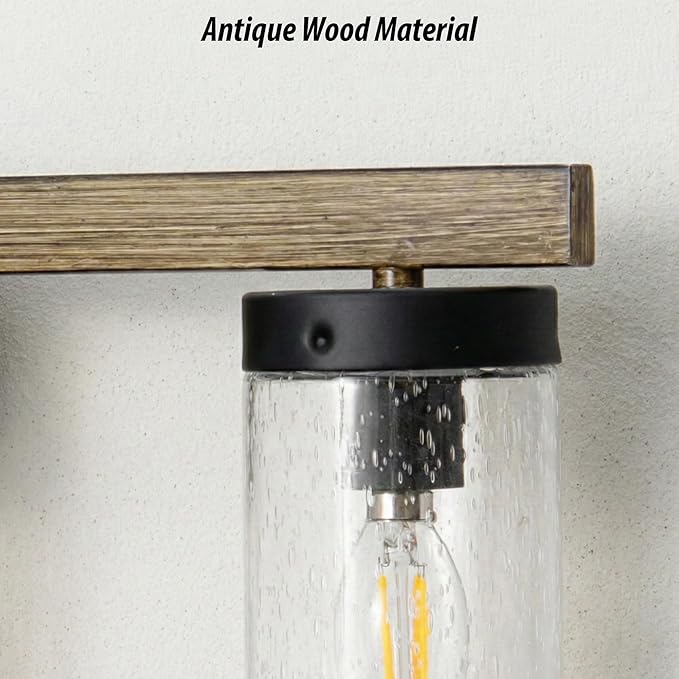 Rustic Vintage Wall Sconce, Farmhouse Vanity Light, Bathroom Wood Wall Light Over Mirror with Seedy Glass Shade.(Pinewood, 4-Light)