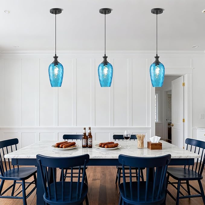 Glass Pendant Lights Kitchen Island, 1-Light Blue Pendant Light Fixtures with Hammered Glass, Modern Farmhouse Hanging Light for Kitchen Sink Dining Room Bedroom, E26