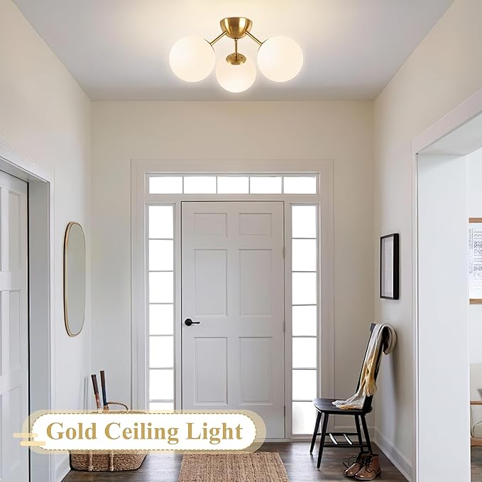Mid-Century Modern Semi Flush Mount Ceiling Light 3 Lights Opal Glass Modern Globe Ceiling Light Gold Brass Sputnik Chandeliers for Hallway Entryway Kitchen Bedroom Laundry(Bulb Incl.)