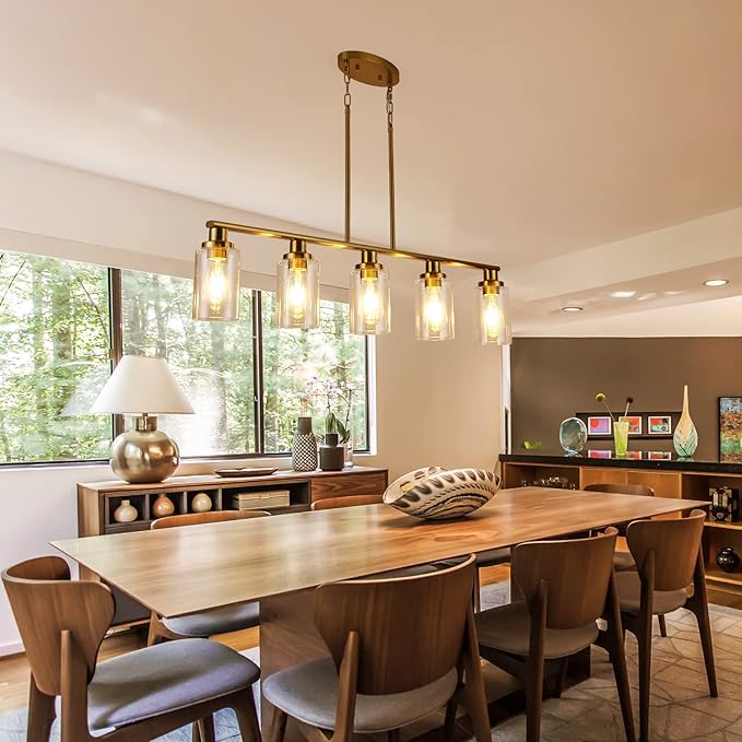 Kitchen Island Lighting, 5-Light Modern Dining Room Light Fixtures Over Table,Farmhouse Gold Linear Chandeliers for Dining Room, Industrial Pendant Lights Fixture with Clear Glass Shade