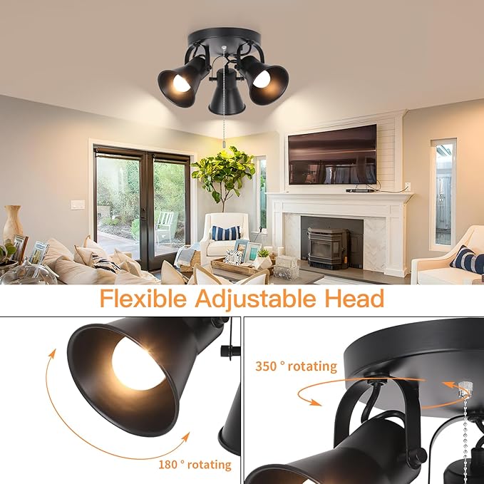 SEEBLEN 3-Light Industrial Track Lighting with Pull Chain On/Off Switch, Adjustable Round Kitchen Ceiling Light, Morden Black Flush Mount Directional Light for Kitchen, Hallway, Dining Room, Bathroom