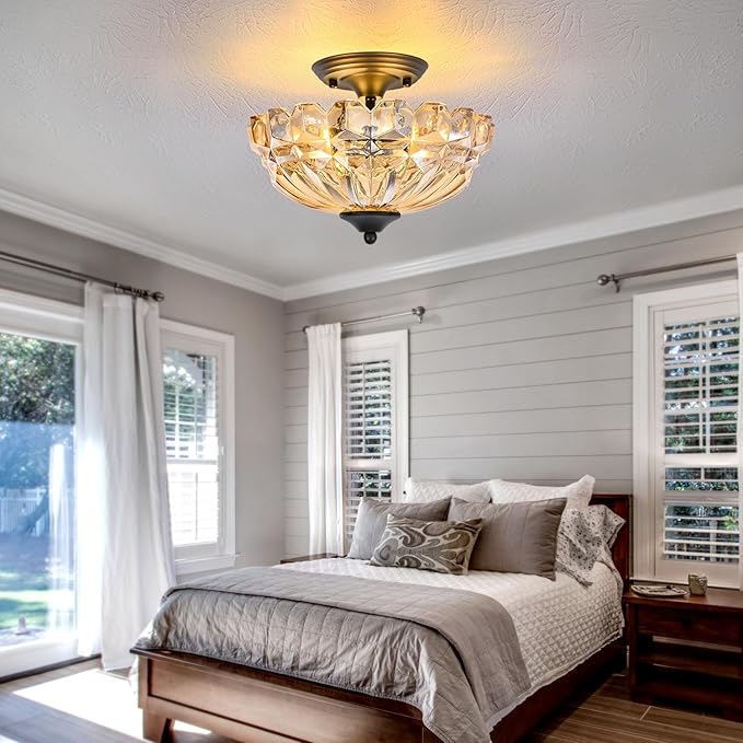 Semi Flush Mount Ceiling Light, 3-Light Kitchen Ceiling Lighting Fixtures with Amber Glass Lampshade, Gold Modern Chandelier for Living Room Bedroom Hallway