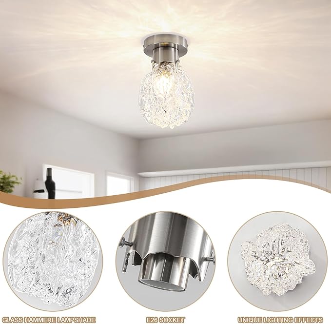 Vintage Glass Semi Flush Mount Ceiling Light Silver, 2 Pack Hammered Glass Hallway Ceiling Light Fixture, Small Close to Ceiling light for Living Room Bedroom Bathroom Kitchen Entryway with E26 Base