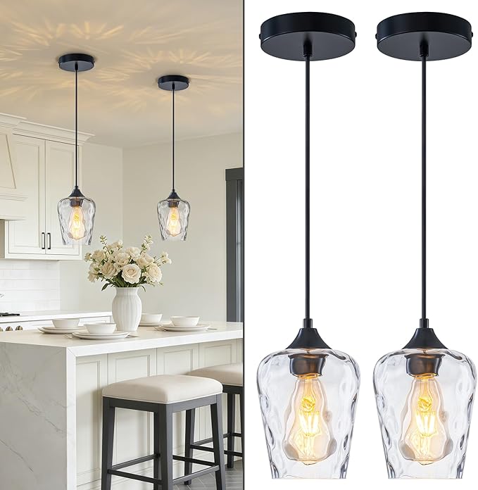 2 Pack 5.1" Mini Black Blown Glass Pendant Lights Kitchen Island Lighting, Small Black Hammered Glass Pendant Light Fixtures, Kitchen Pendant Lights with Hammered Glass Shades for Dining Room Sink