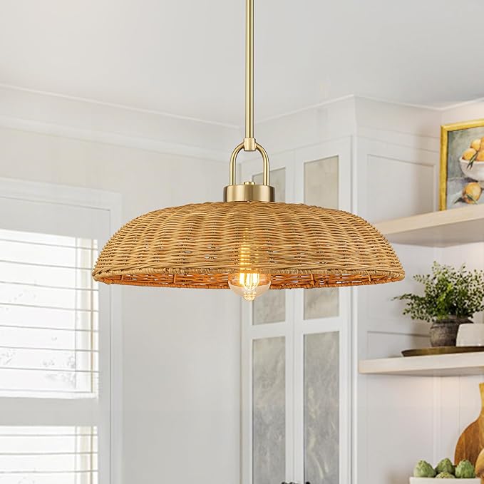 Lingkai 18.1'' Farmhouse Weaving Rattan Chandelier, Coastal Chandelier Hand Woven Rattan Dome Pendant Lighting Fixture Boho Natural Basket Hanging Light for Living Room Kitchen Dining Room