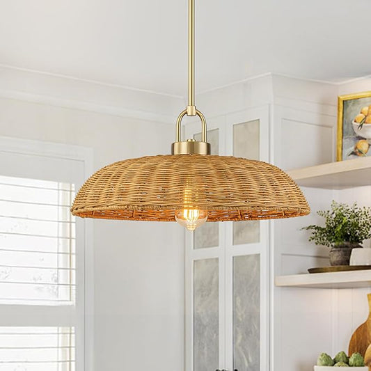 Lingkai 18.1'' Farmhouse Weaving Rattan Chandelier, Coastal Chandelier Hand Woven Rattan Dome Pendant Lighting Fixture Boho Natural Basket Hanging Light for Living Room Kitchen Dining Room