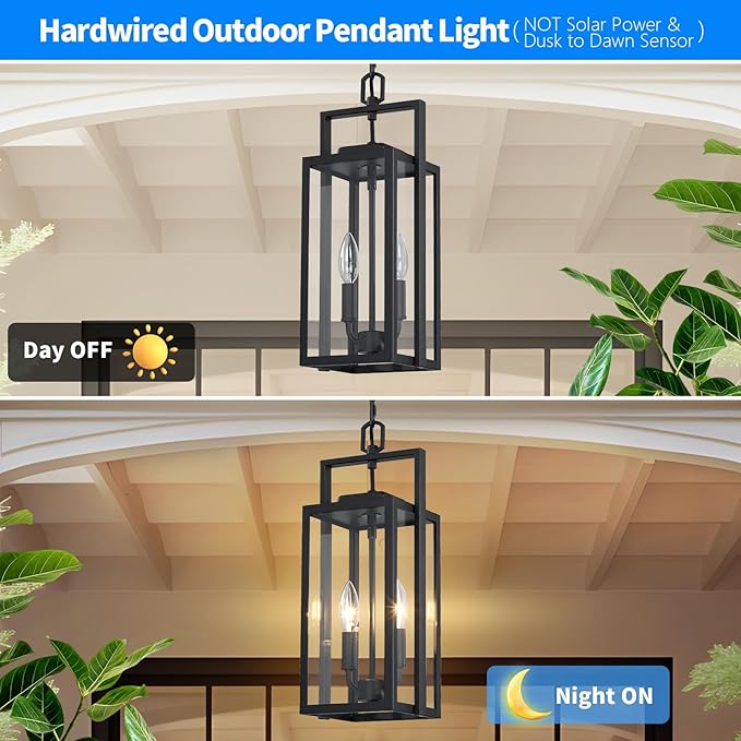 17.8'' Large Outdoor Pendant Light 2-Light, Modern Black Metal Outside Chandelier Exterior Hanging Fixture Ceiling Mount with Clear Glass for Front Porch Entrance Entryway, 1 Pack