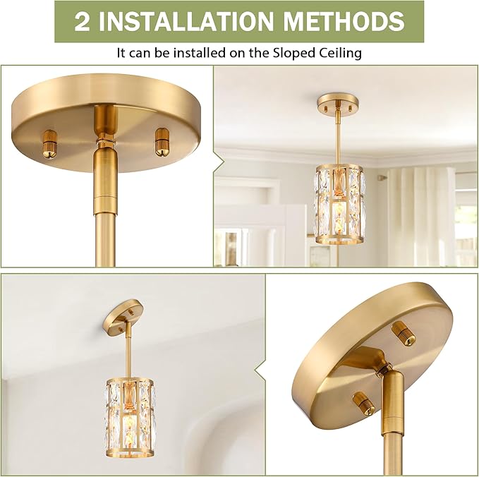 MEXO Modern Crystal Pendant Light Fixture 2-Pack Gold Finish Hanging Lighting Crystal Chandelier for Kitchen Island