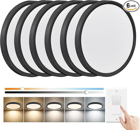 6PK 12 Inch Dimmable LED Flush Mount Ceiling Light,24W, 2520LM, 2700K/3000K/4000K/5000K/6000K CCT Selectable, Round Flat Panel Light Low Profile Ceiling Lamp for Bedroom/Kitchen/Living Room, Black