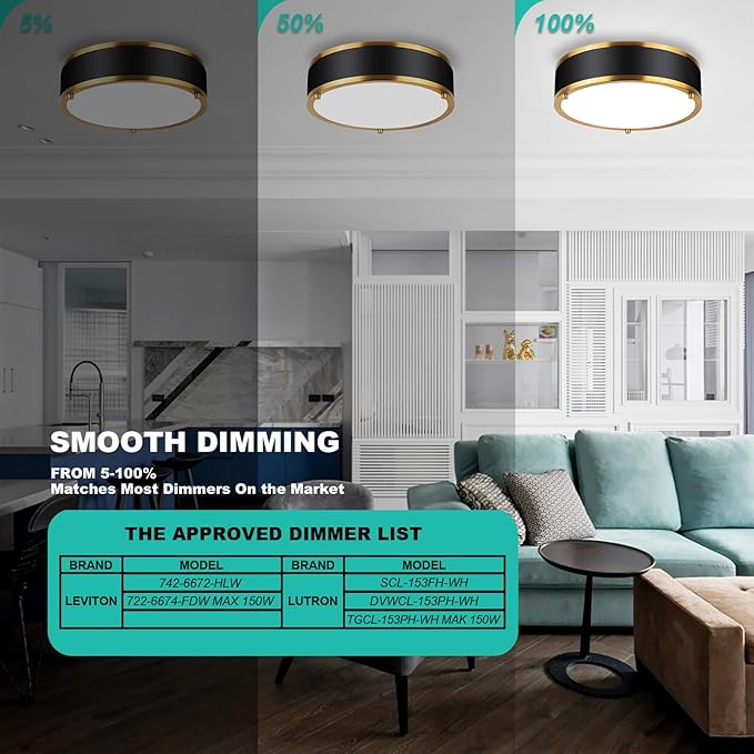 Edwarmlux 12.5 Inch LED Flush Mount Light Fixture, 26W, Modern Ceiling Light, 3 Color Adjustable 3000K/4000K/5000K, Dimmable for Bedroom, Hallway, Bathroom, Kitchen (Black Gold)