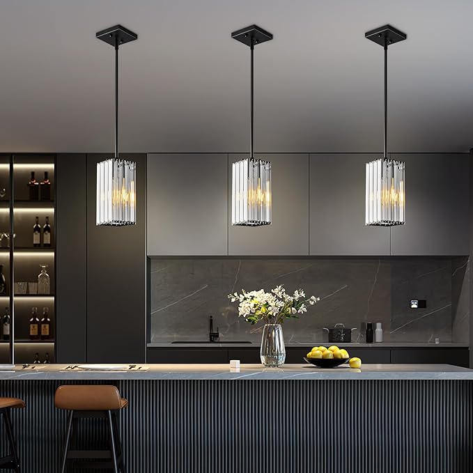 Modern Pendant Light Black Rectangle Pendant Lighting Mini Crystal Chandeliers Adjustable Pendant Light Fixture for Kitchen Island Dinning Room Living Room Corridor Bedroom(Black 3-Pack)