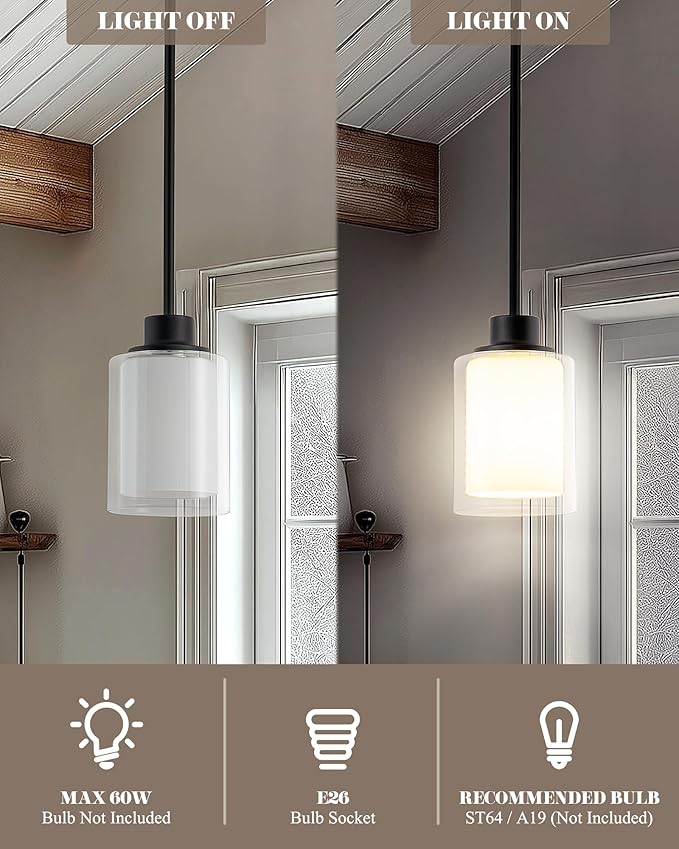 1-Light Mini Pendant Light Fixtures, 2-Pack Modern Hanging Ceiling Lighting, Adjustable Height, Black Pendant Lamp with Dual Glass for Kitchen Island Bedroom