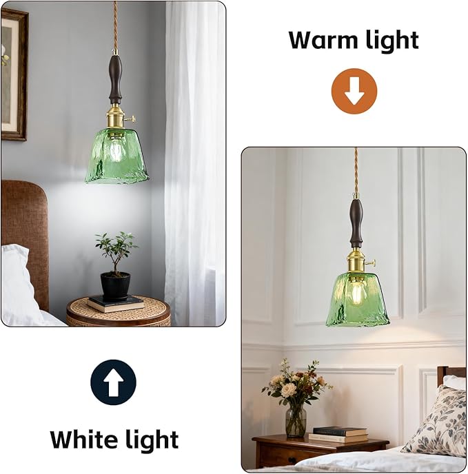 Green Glass Vintage Pendant Light Height Adjustable Handmade Glass Pendant Lights Kitchen Island Gold Hanging Light Fixture with Wood Handle for Bedroom Dining Room Hotel (1 Pack)