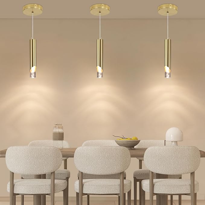 Modern Gold Pendant Light Fixture, Acrylic Bubble Cylinder Hanging Lights, 3 Color 2700K/4500K/6500K, Minimalist Ceiling Chandelier Lighting for Dining Room, Bedroom, Hallway, Bar, Kitchen Island
