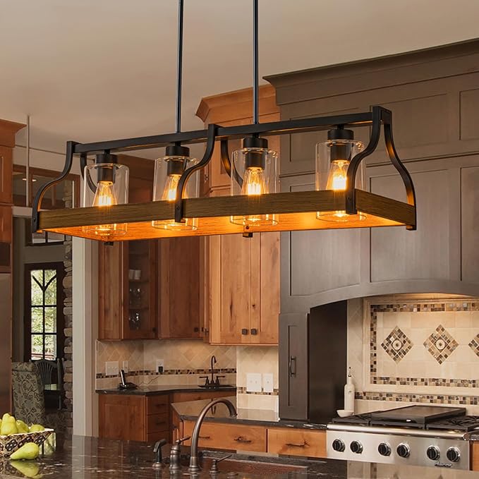 31.5" Farmhouse Chandeliers for Dining Room, 4-Light Kitchen Island Lights for Kitchen with Hand-blown Glass Shade, Faux Wood Black Kitchen Island Lighting Rustic Dining Room Light Fixtures over Table